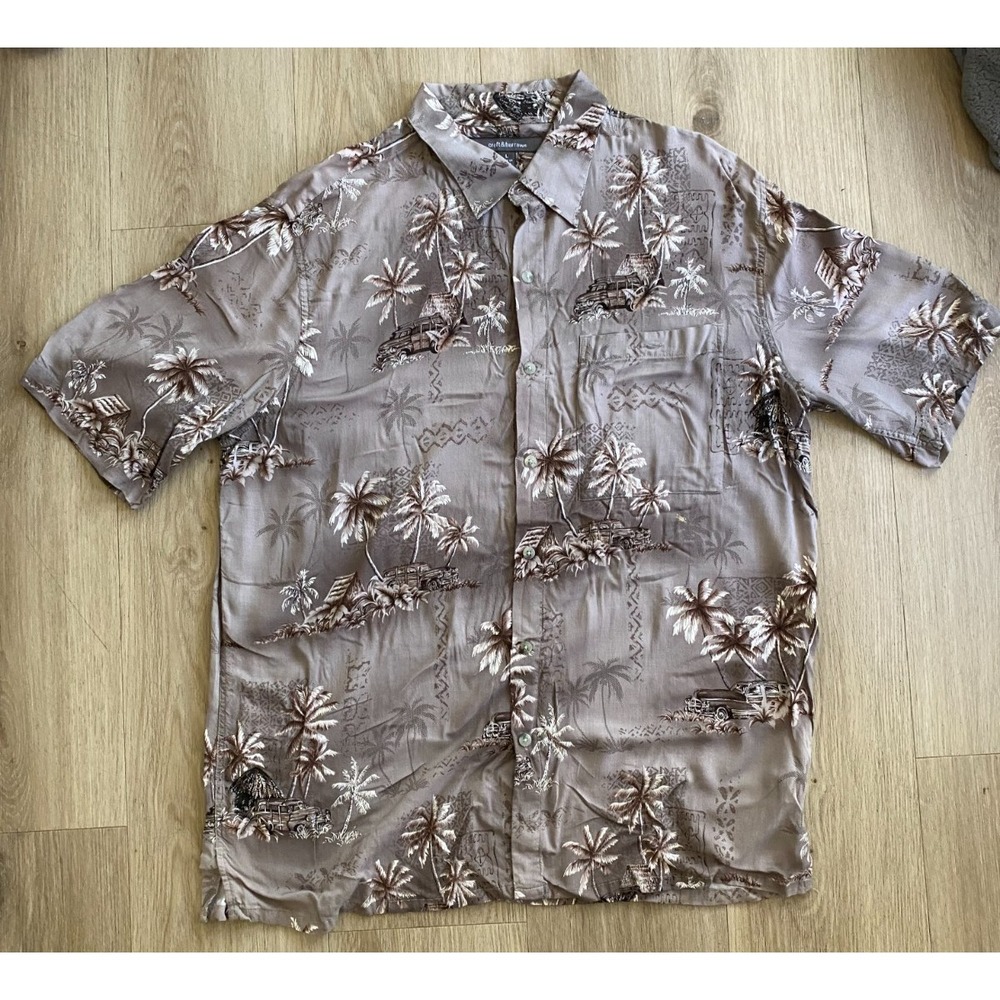 Croft & Barrow Mens L Hawaiian Shirt Brown Tropical Floral Aloha Palm Tree Korea